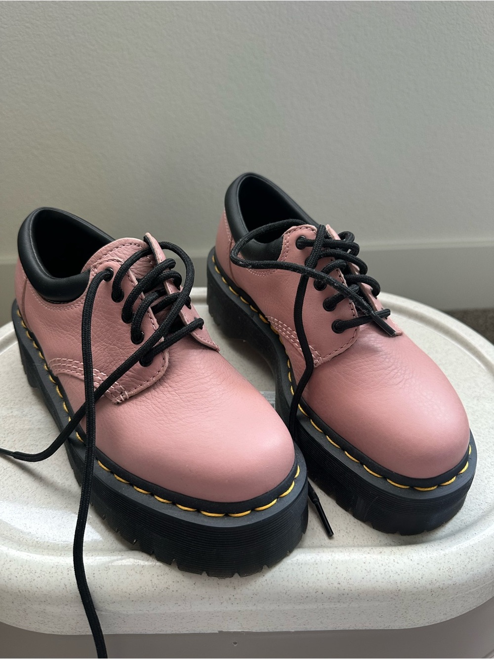 Dr. Martens Pink Lace-Up Platform Boots with Black Trim